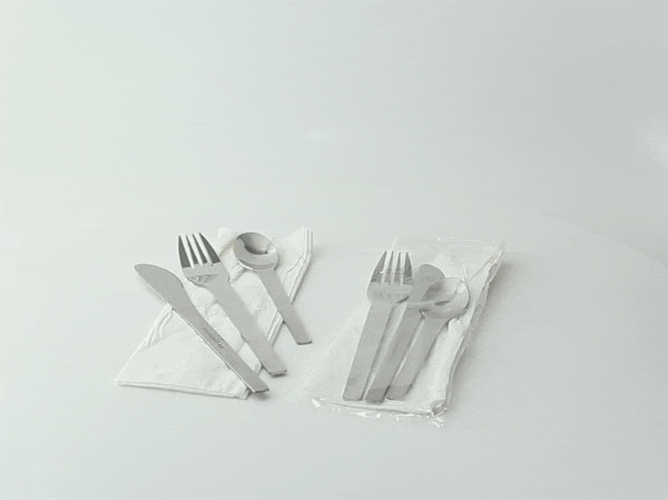 50pcs - Kit couverts en inox 4/1 : couteau fourchette cuillère serviette - 16 cm