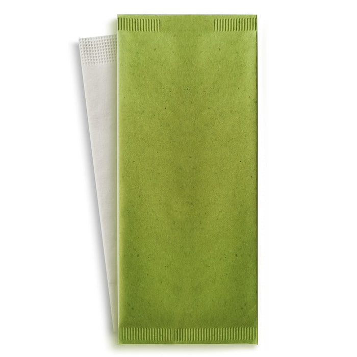 500pcs - Pochette à couverts en papier vert avec serviette blanche - 11 cm x 25 cm
