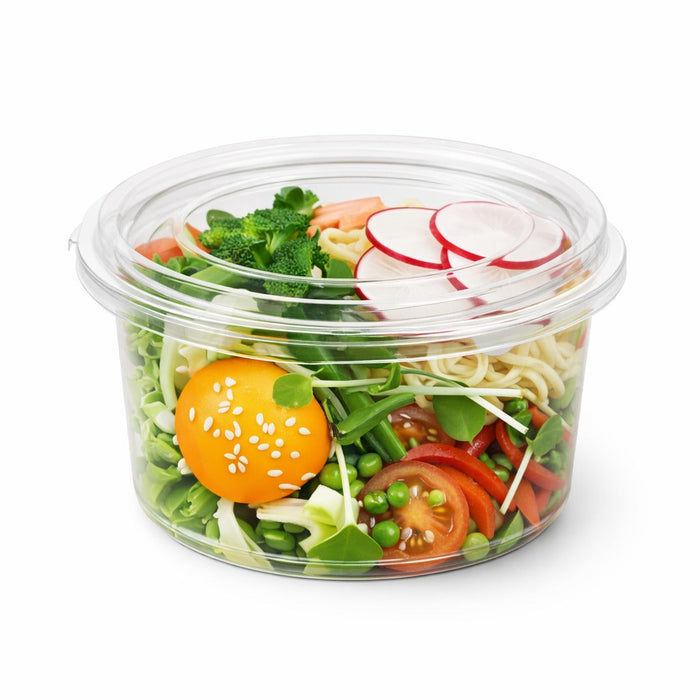 50pcs - Pot "Deli" rond en PET transparent "Delipack" avec couvercle plat attaché - 400 ml - Ø 11,5 cm - H 6 cm