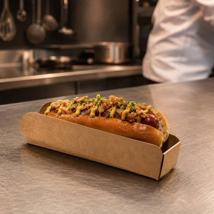 50pcs - Support hot-dog en carton brun - 25 cm x 5,5 cm x 3,7 cm