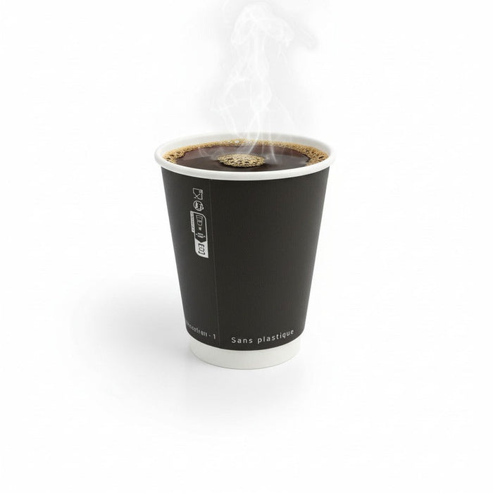25pcs - Gobelet carton double paroi noir sans plastique - 350 ml - Ø 9 cm - H 11 cm