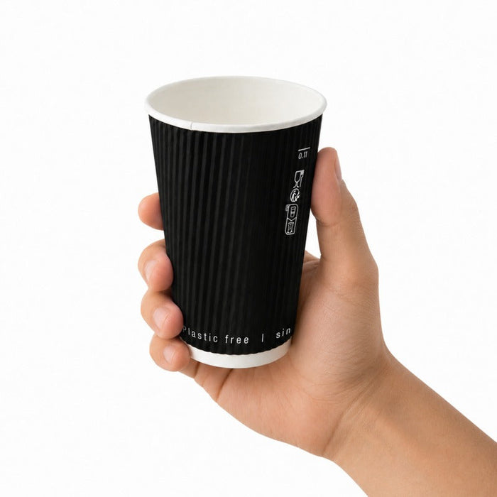 25pcs - Gobelet carton double paroi noir sans plastique "Rippley" - 350 ml - Ø 9 cm - H 11 cm