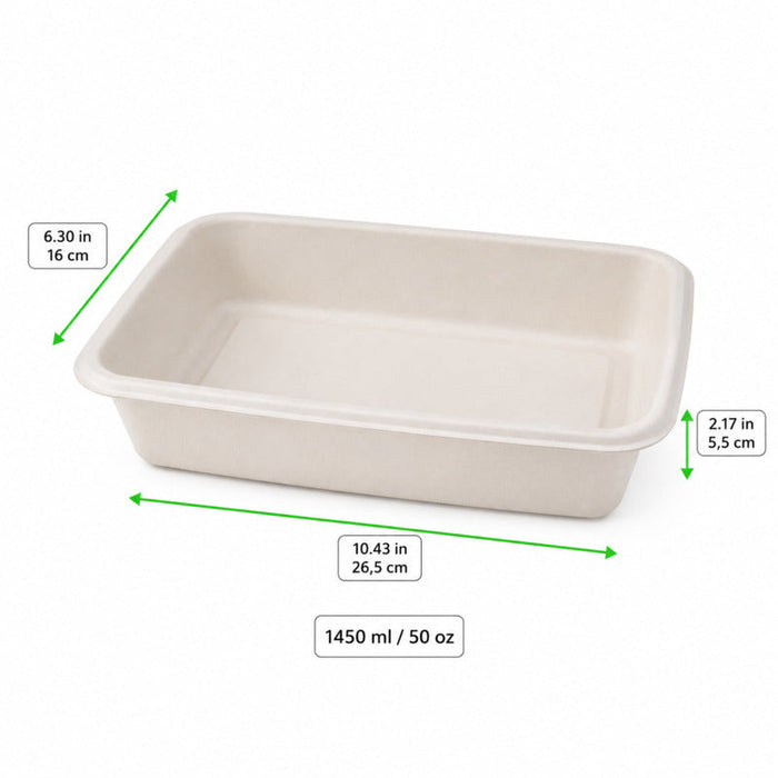 100pcs - Barquette scellable blanche en pulpe laminée PLA "gastronorme" 1/4 - 1450 ml - 26,5 cm x 16 cm x 5,5 cm
