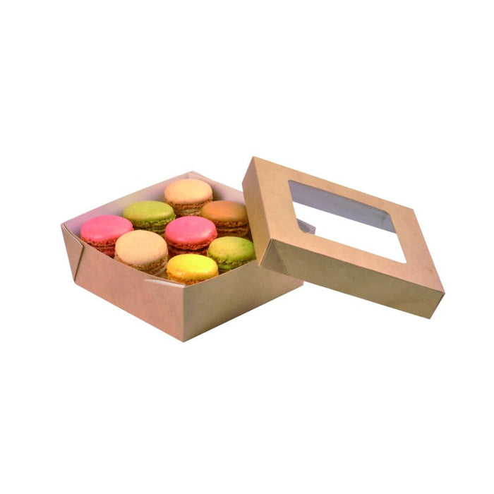 25pcs - Boîte "Kray" carrée carton brun avec couvercle à fenêtre - 700 ml - 13,5 cm x 13,5 cm x 5 cm