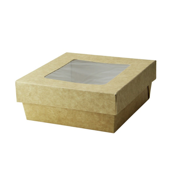 25pcs - Boîte "Kray" carrée carton brun avec couvercle à fenêtre - 700 ml - 13,5 cm x 13,5 cm x 5 cm