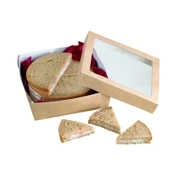 25pcs - Boîte "Kray" carrée carton brun avec couvercle à fenêtre - 950 ml - 15,5 cm x 15,5 cm x 5 cm