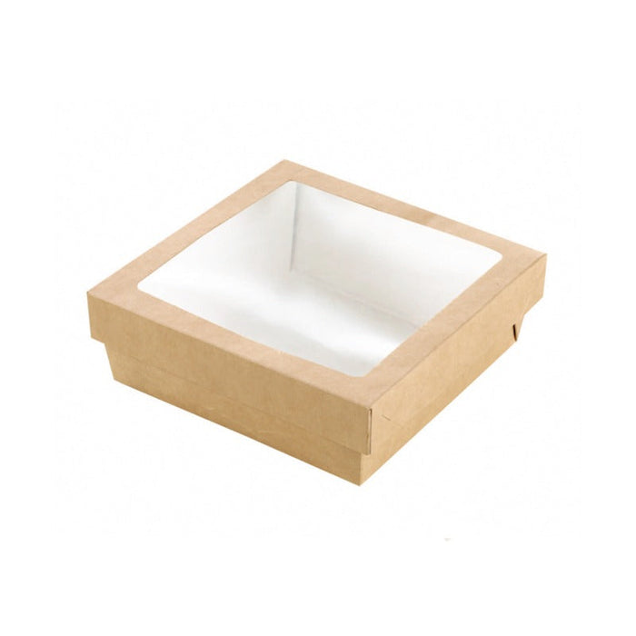 25pcs - Boîte "Kray" carrée carton brun avec couvercle à fenêtre - 950 ml - 15,5 cm x 15,5 cm x 5 cm