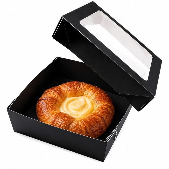 25pcs - Boîte "Kray" carrée carton noir avec couvercle à fenêtre - 350 ml - 11,5 cm x 11,5 cm x 4 cm