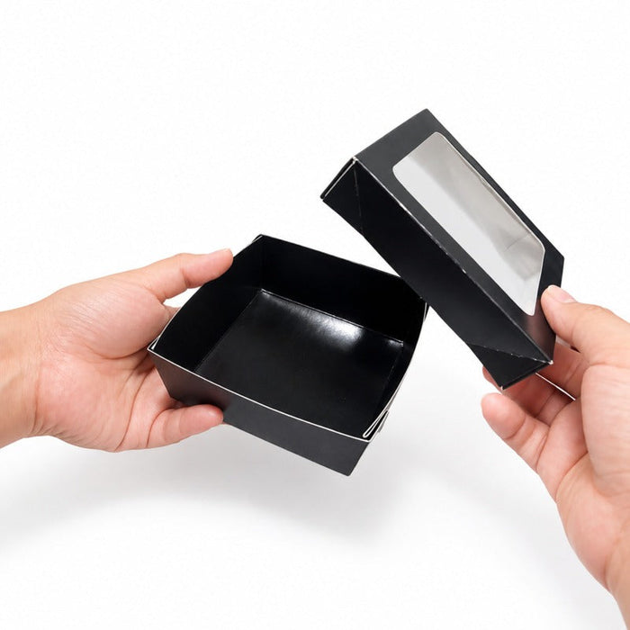 25pcs - Boîte "Kray" carrée carton noir avec couvercle à fenêtre - 350 ml - 11,5 cm x 11,5 cm x 4 cm