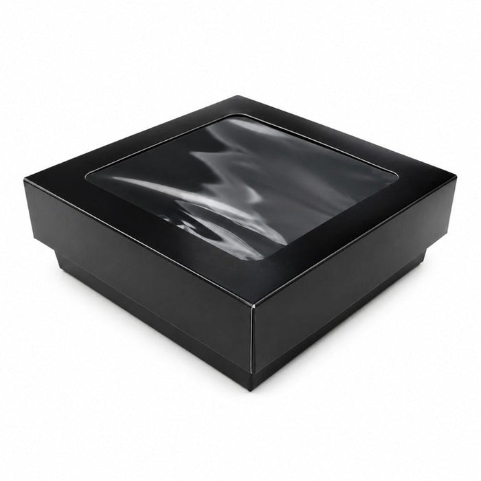 25pcs - Boîte "Kray" carrée carton noir avec couvercle à fenêtre - 350 ml - 11,5 cm x 11,5 cm x 4 cm