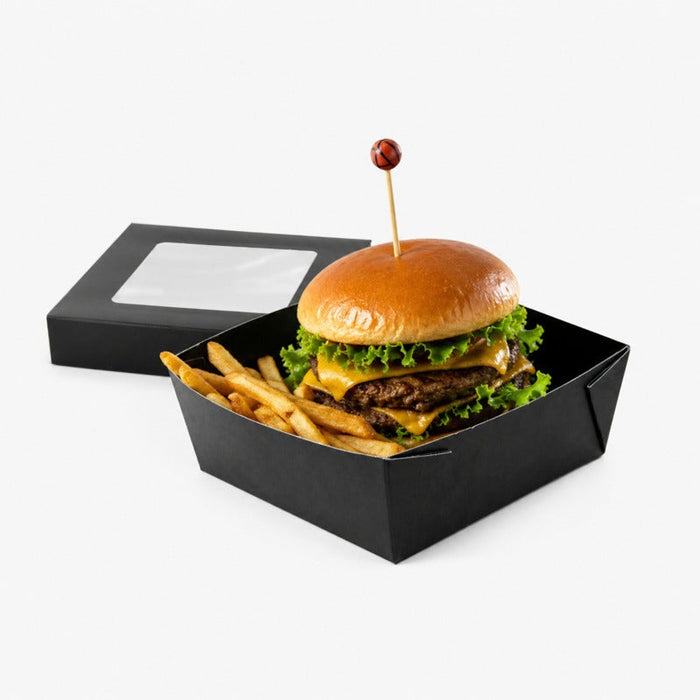 25pcs - Boîte "Kray" carrée carton noir avec couvercle à fenêtre - 700 ml - 13,5 cm x 13,5 cm x 5 cm