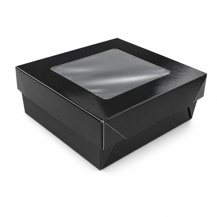 25pcs - Boîte "Kray" carrée carton noir avec couvercle à fenêtre - 700 ml - 13,5 cm x 13,5 cm x 5 cm