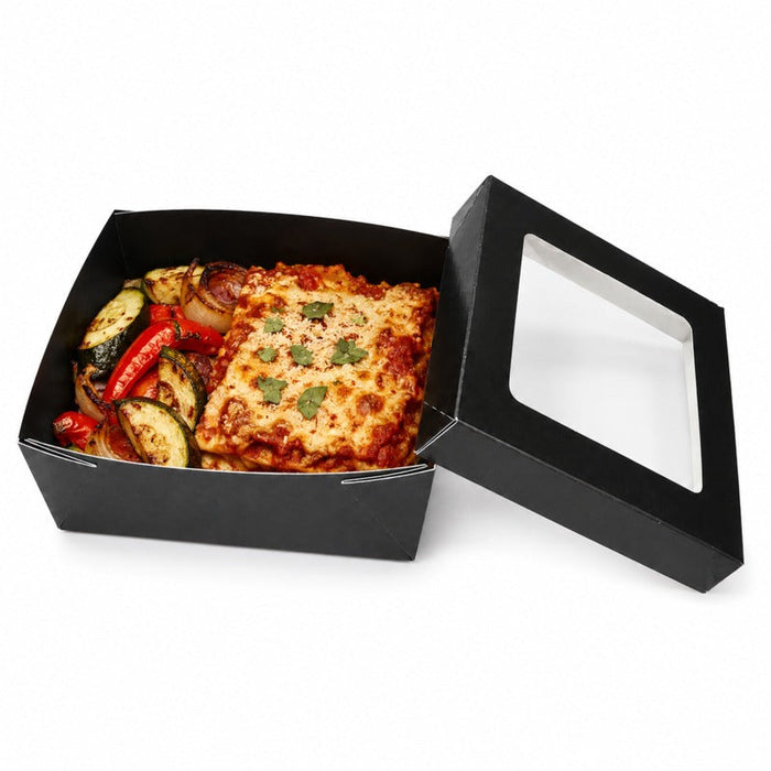 25pcs - Boîte "Kray" carrée carton noir avec couvercle à fenêtre - 950 ml - 15,5 cm x 15,5 cm x 5 cm