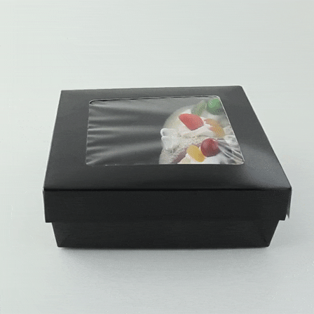 25pcs - Boîte "Kray" carrée carton noir avec couvercle à fenêtre - 950 ml - 15,5 cm x 15,5 cm x 5 cm