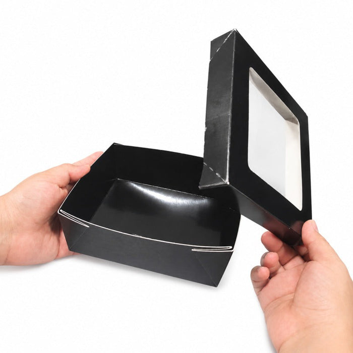 25pcs - Boîte "Kray" carrée carton noir avec couvercle à fenêtre - 950 ml - 15,5 cm x 15,5 cm x 5 cm