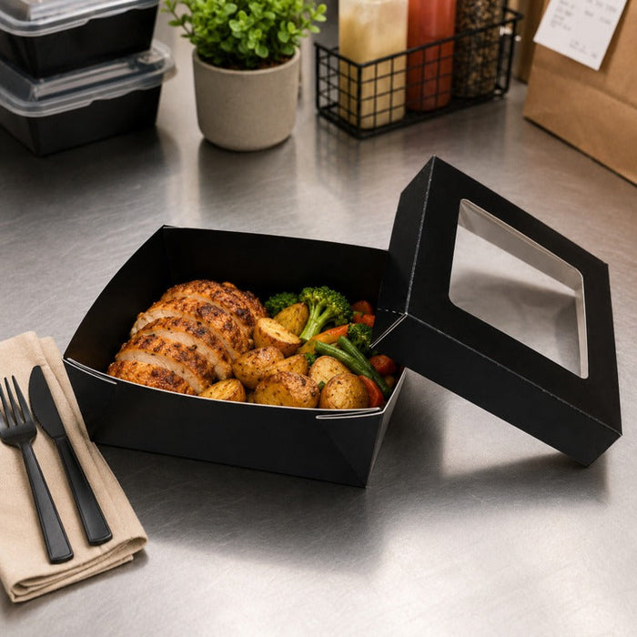 25pcs - Boîte "Kray" carrée carton noir avec couvercle à fenêtre - 950 ml - 15,5 cm x 15,5 cm x 5 cm