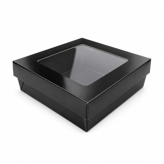 25pcs - Boîte "Kray" carrée carton noir avec couvercle à fenêtre - 950 ml - 15,5 cm x 15,5 cm x 5 cm