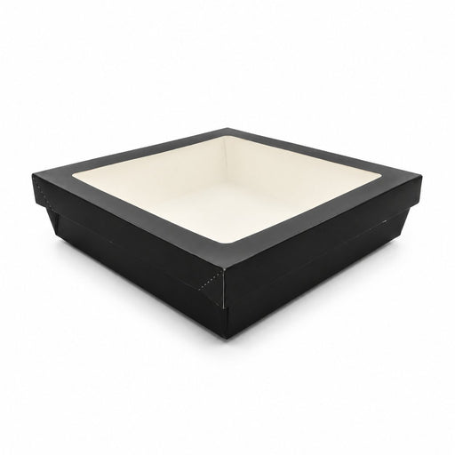 Boîte "Kray" carrée carton noir avec couvercle à fenêtre - 1550 ml - 20,5 cm x 20,5 cm x 5,5 cm