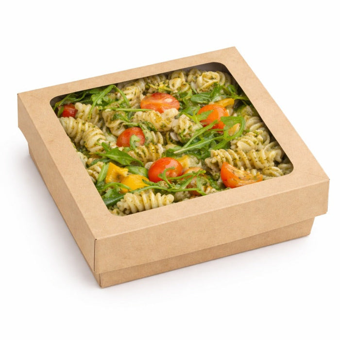 25pcs - Boîte "Kray" carrée carton brun avec couvercle à fenêtre en PLA - 900 ml - 15,5 cm x 15,5 cm x 5 cm