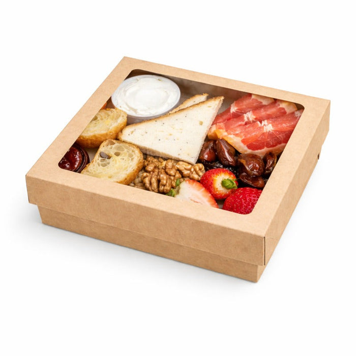 50pcs - Boîte "Kray" carrée carton brun avec couvercle à fenêtre en PLA - 1300 ml - 20,5 cm x 20,5 cm x 4 cm