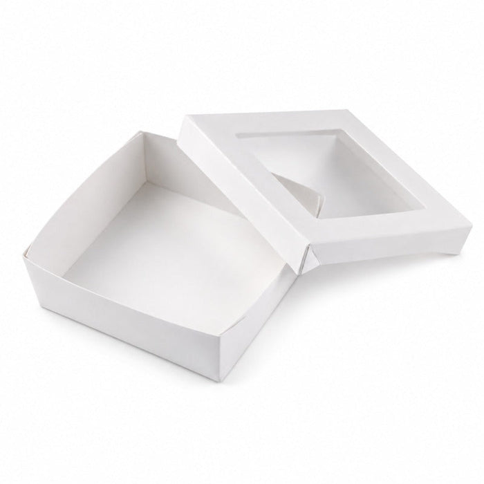 25pcs - Boîte "Kray" carrée carton blanc avec couvercle à fenêtre en PLA - 700 ml - 13,5 cm x 13,5 cm x 5 cm
