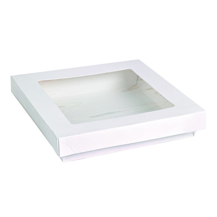 25pcs - Boîte "Kray" carrée carton blanc avec couvercle à fenêtre en PLA - 900 ml - 15,5 cm x 15,5 cm x 5 cm