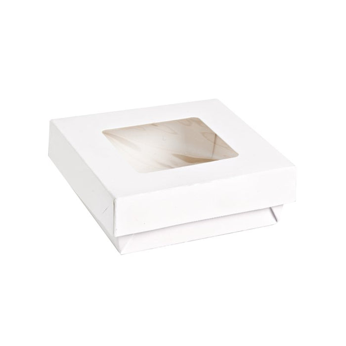 25pcs - Boîte "Kray" carrée carton blanc avec couvercle à fenêtre - 350 ml - 11,5 cm x 11,5 cm x 4 cm