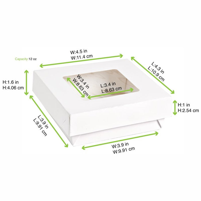 25pcs - Boîte "Kray" carrée carton blanc avec couvercle à fenêtre - 350 ml - 11,5 cm x 11,5 cm x 4 cm