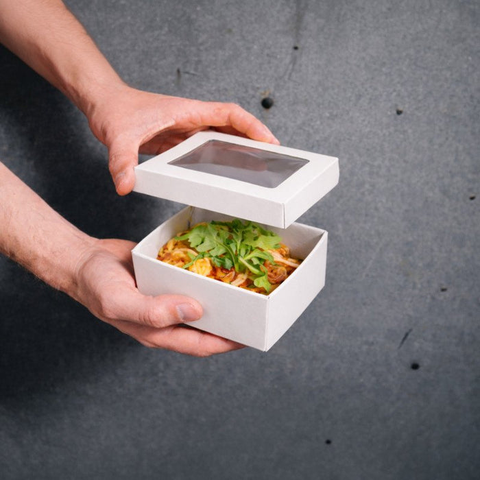 25pcs - Boîte "Kray" carrée carton blanc avec couvercle à fenêtre - 350 ml - 11,5 cm x 11,5 cm x 4 cm
