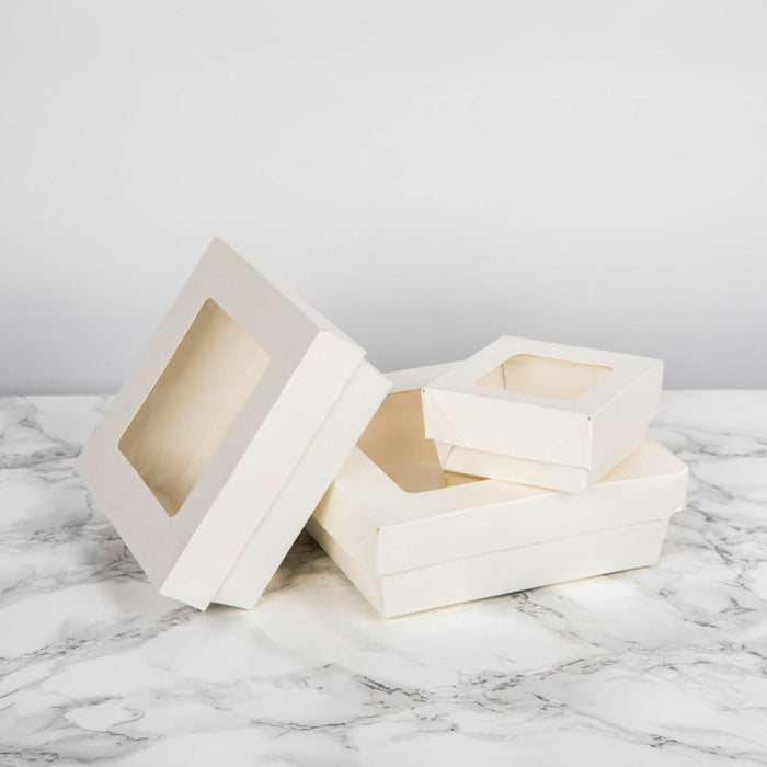 25pcs - Boîte "Kray" carrée carton blanc avec couvercle à fenêtre - 700 ml - 13,5 cm x 13,5 cm x 5 cm