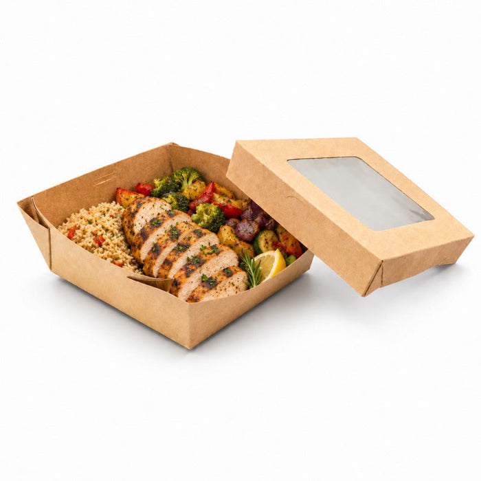 25pcs - Boîte "Kray" carrée carton brun avec couvercle à fenêtre - 700 ml - 13,5 cm x 13,5 cm x 5 cm
