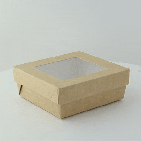 25pcs - Boîte "Kray" carrée carton brun avec couvercle à fenêtre - 700 ml - 13,5 cm x 13,5 cm x 5 cm