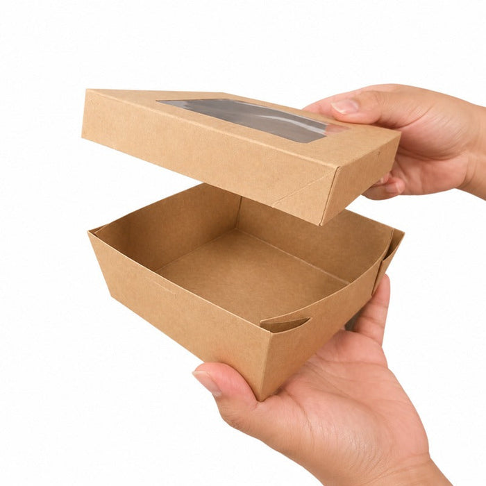 25pcs - Boîte "Kray" carrée carton brun avec couvercle à fenêtre - 700 ml - 13,5 cm x 13,5 cm x 5 cm