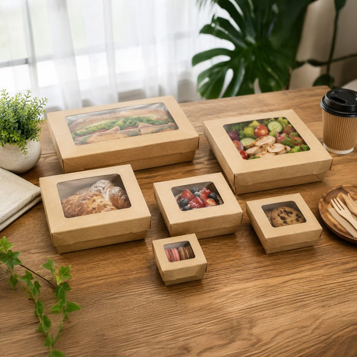 25pcs - Boîte "Kray" carrée carton brun avec couvercle à fenêtre - 700 ml - 13,5 cm x 13,5 cm x 5 cm