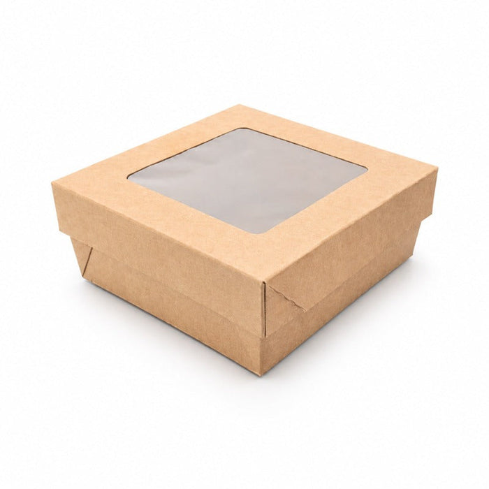 25pcs - Boîte "Kray" carrée carton brun avec couvercle à fenêtre - 700 ml - 13,5 cm x 13,5 cm x 5 cm
