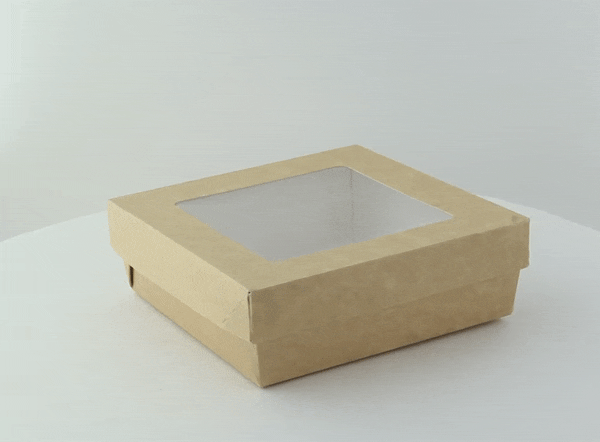 25pcs - Boîte "Kray" carrée carton brun avec couvercle à fenêtre - 950 ml - 15,5 cm x 15,5 cm x 5 cm