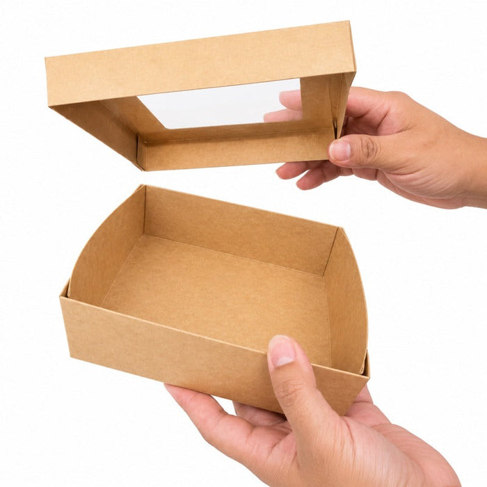 25pcs - Boîte "Kray" carrée carton brun avec couvercle à fenêtre - 950 ml - 15,5 cm x 15,5 cm x 5 cm