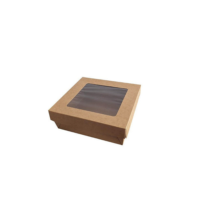 25pcs - Boîte "Kray" carrée carton brun avec couvercle à fenêtre - 950 ml - 15,5 cm x 15,5 cm x 5 cm