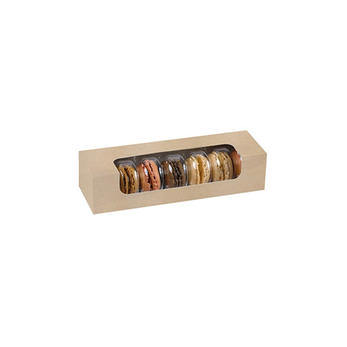 50pcs - Boîte carton brun 7 macarons avec fenêtre PLA - 21,5 cm x 6,8 cm x 4,8 cm