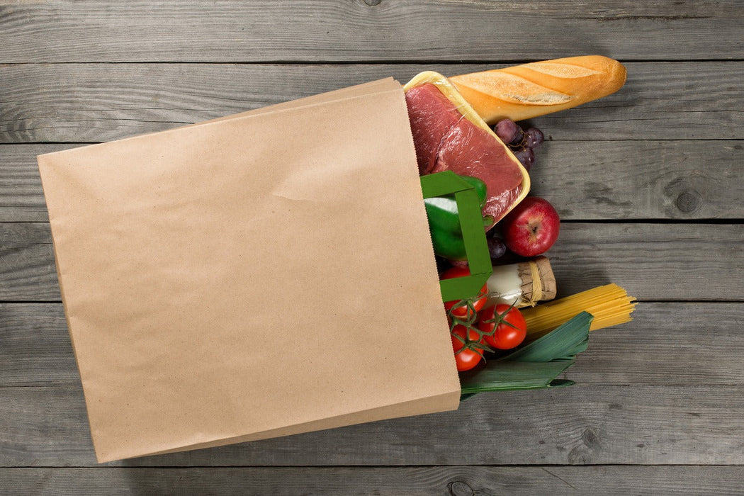 250pcs - Sac cabas papier brun recyclé anses vertes - 20 cm x 10 cm x 28 cm