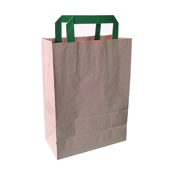 250pcs - Sac cabas papier brun recyclé anses vertes - 20 cm x 10 cm x 29 cm