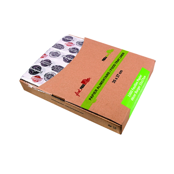 1000pcs - Papier alimentaire blanc décor burger en boîte distributrice - 35 cm x 27 cm