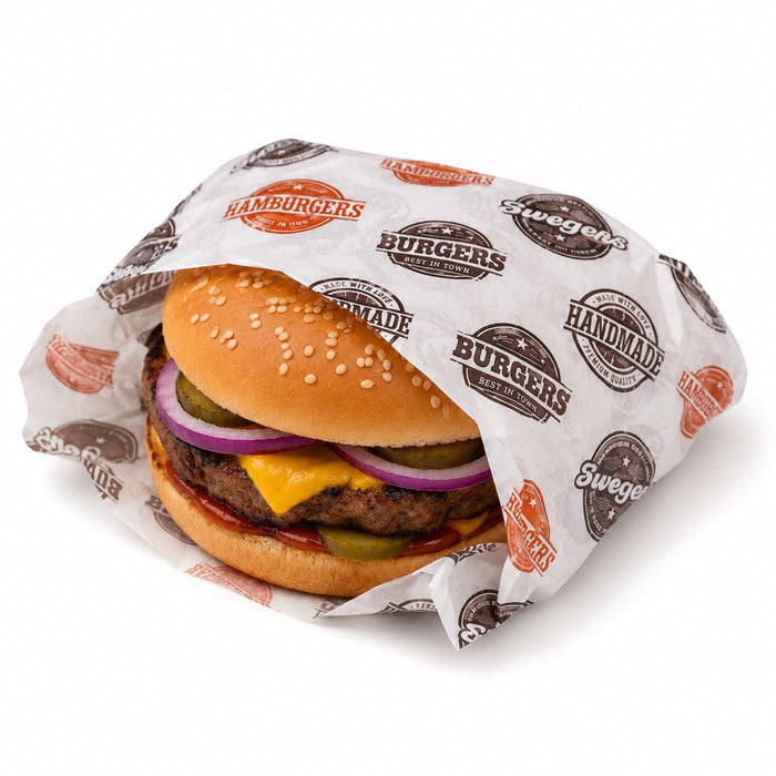 1000pcs - Papier alimentaire blanc décor burger en boîte distributrice - 35 cm x 27 cm