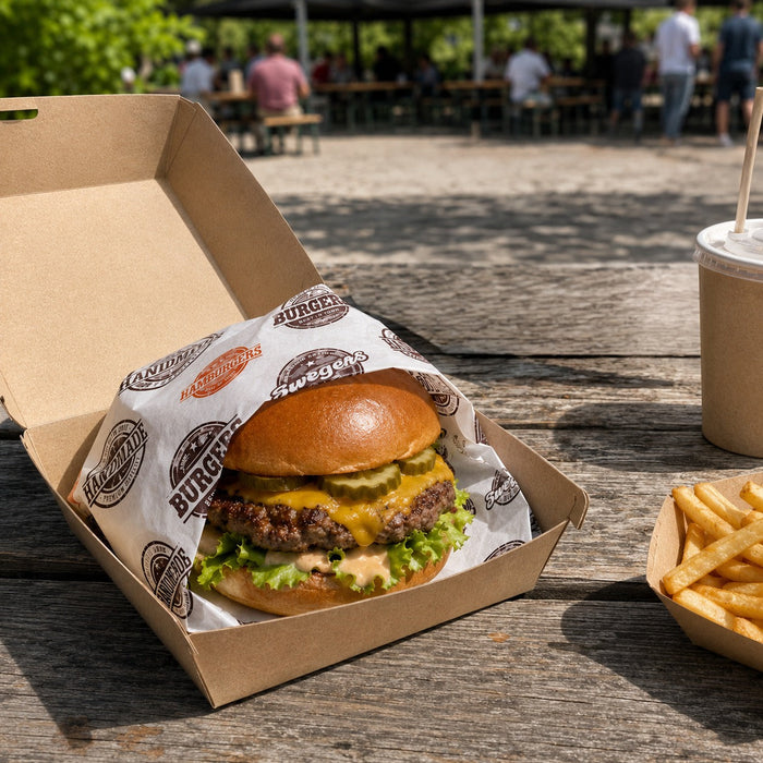1000pcs - Papier alimentaire blanc décor burger en boîte distributrice - 35 cm x 27 cm
