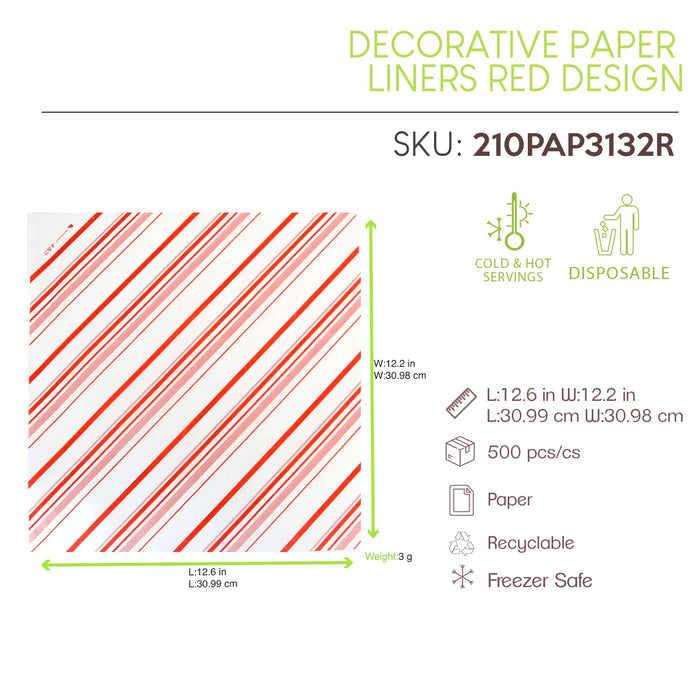 500pcs - 31x32cm - Papier alimentaire blanc ingraissable décor rayures rouges