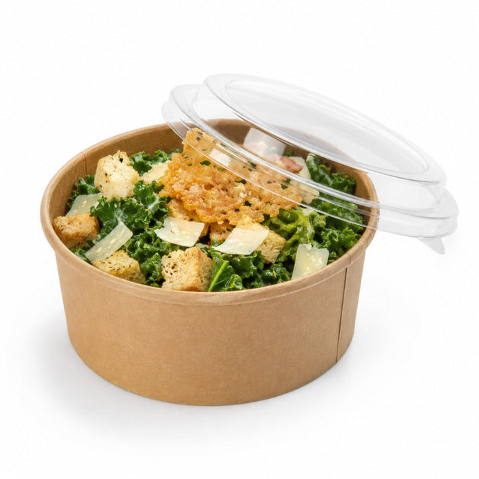 50pcs - Saladier rond "Buckaty" en carton kraft avec couvercle PET - 1250 ml - Ø 18,4 cm - H 6,5 cm