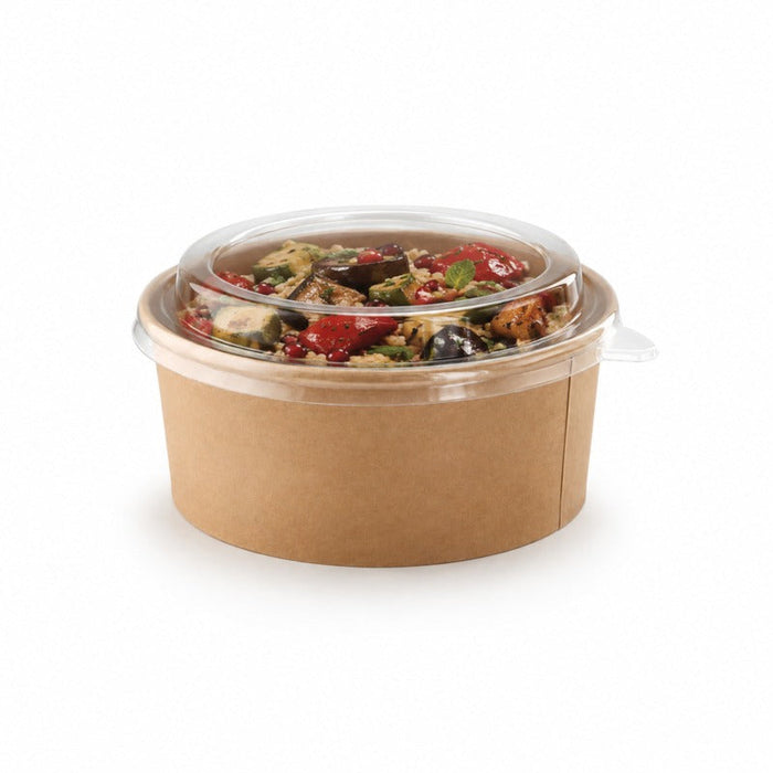 50pcs - Saladier rond "Buckaty" en carton kraft avec couvercle PP - 500 ml - Ø 15 cm - H 4,5 cm