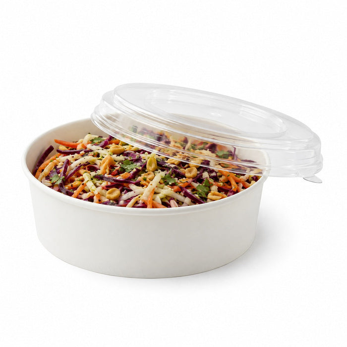 50pcs - Saladier rond "Buckaty" en carton blanc avec couvercle PET - 550 ml - Ø 15 cm - H 5 cm