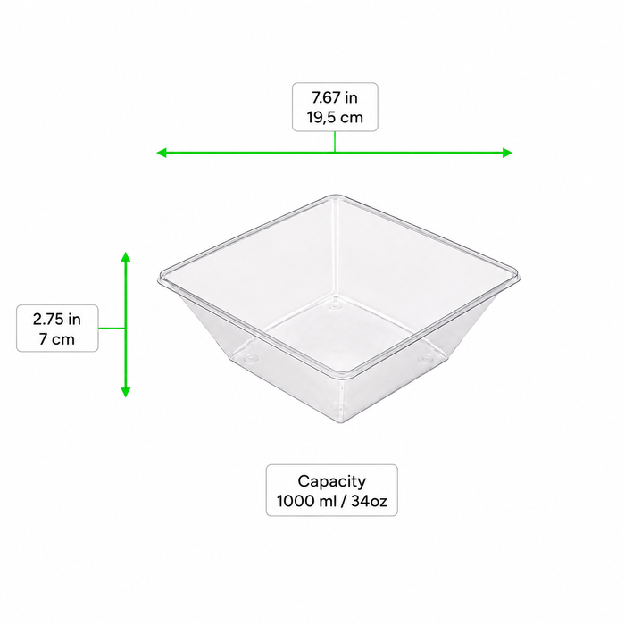 100pcs - 1000ml 19,5x19,5x7cm - Saladier carré "Pyramide" en PET transparent sans couvercle