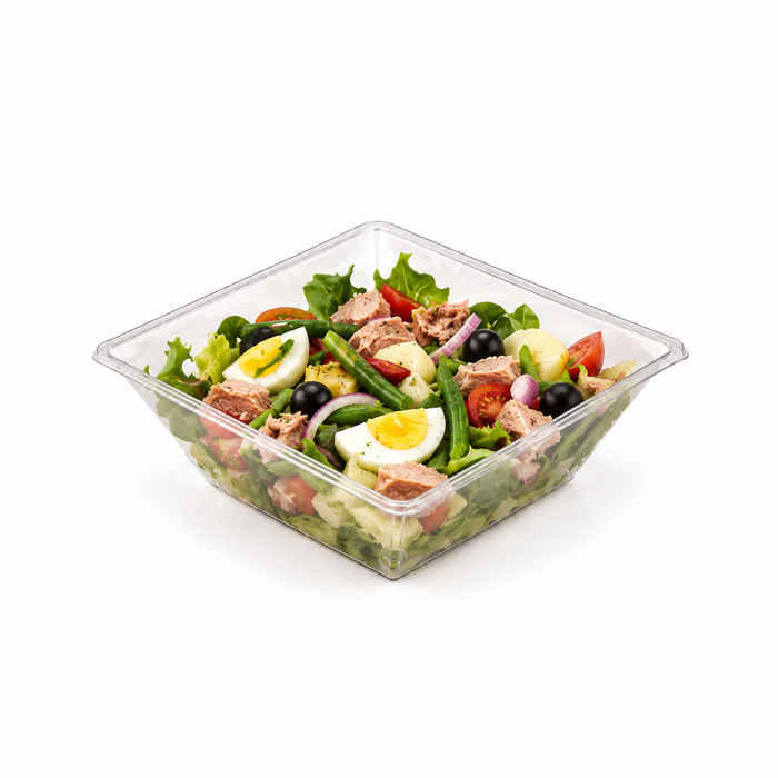 100pcs - 1000ml 19,5x19,5x7cm - Saladier carré "Pyramide" en PET transparent sans couvercle